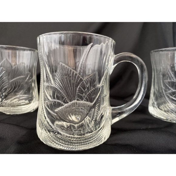 Clear Glass Mugs Cups Set Of 4 Glcoloc France Canterbury Crocus Flower Leaf - Picture 1 of 8